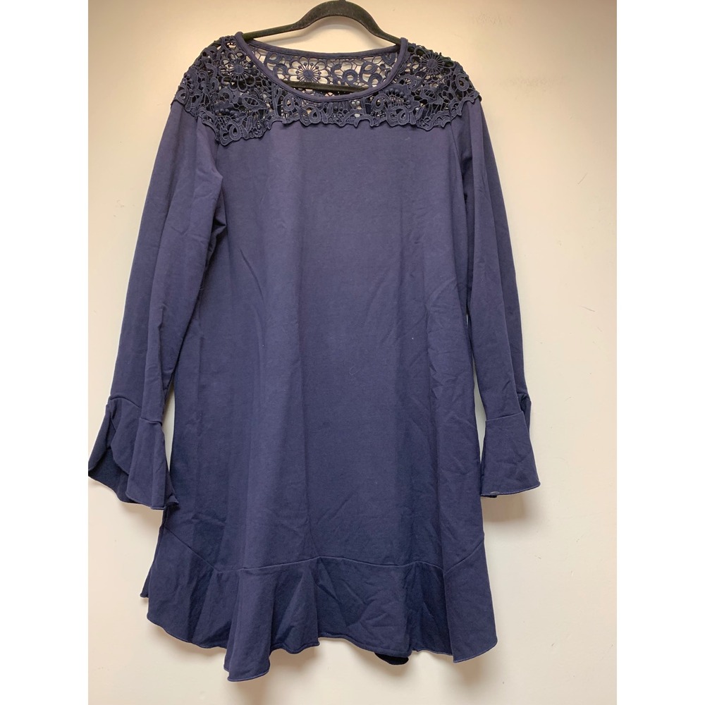 Crown & Ivy Dress Women XL Navy Blue Excellent Crochet Lace Ruffle Long Sleeve
